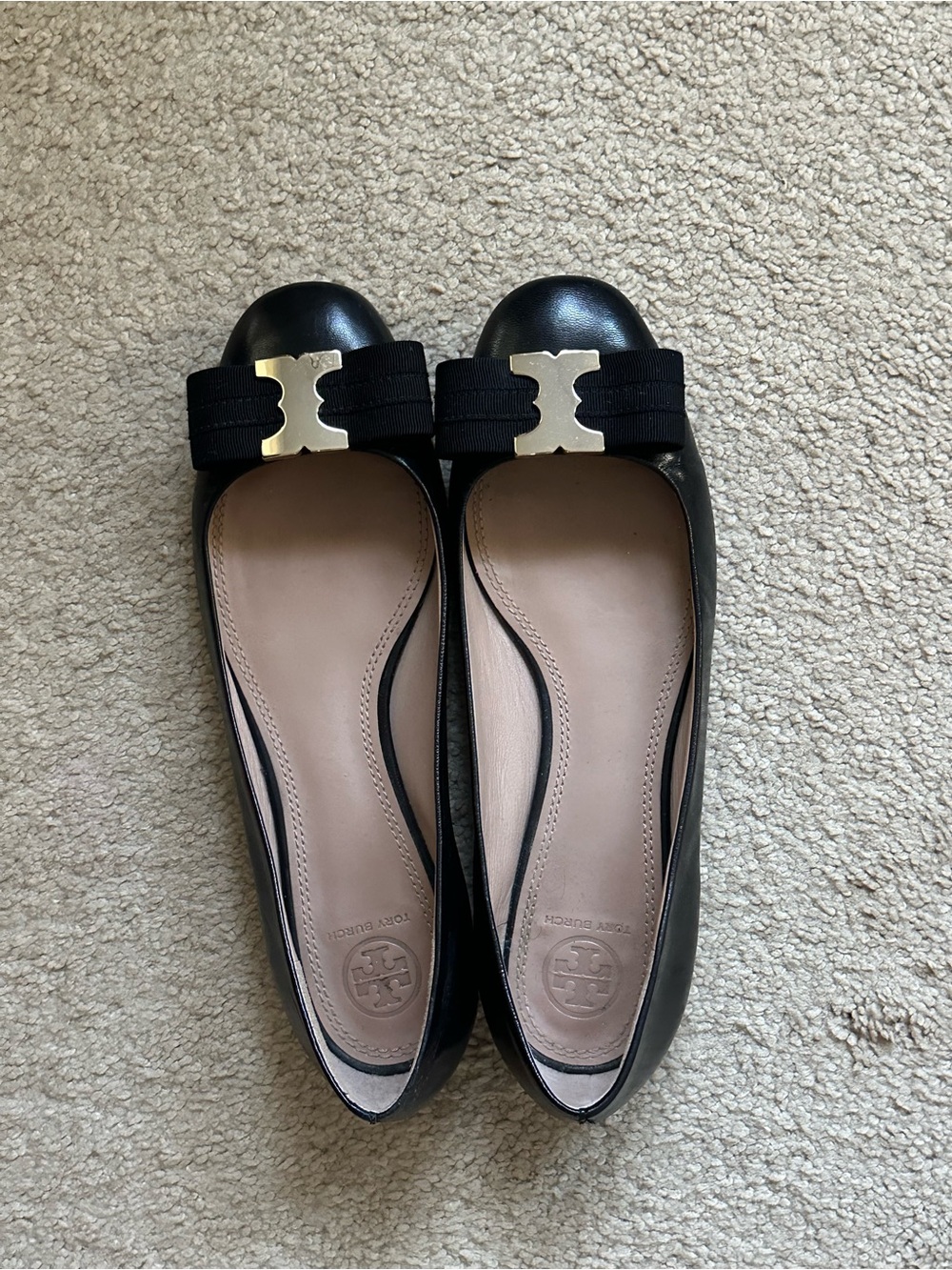 Tory Burch Black Leather Ribbon Logo Ballet Flats